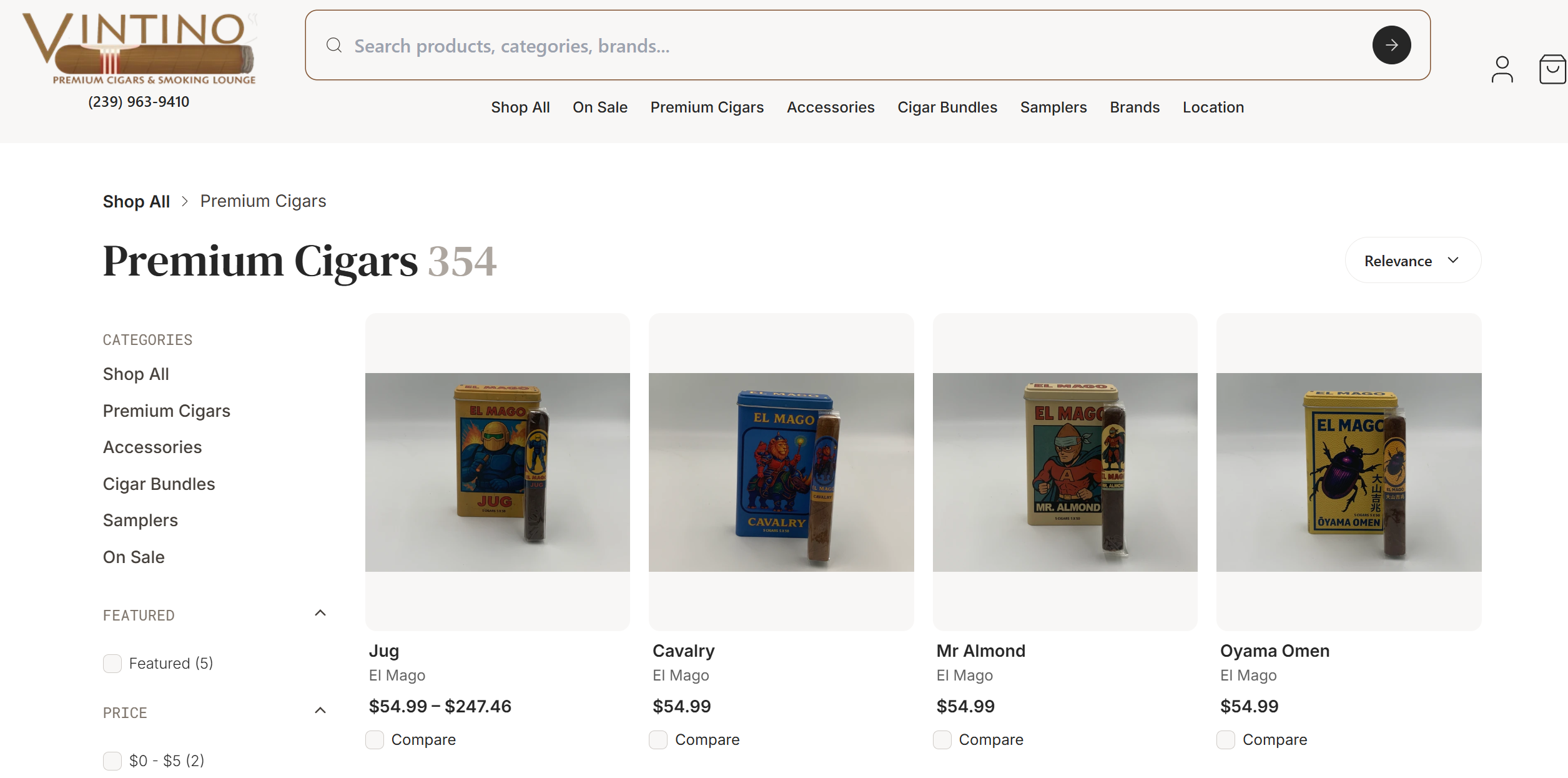 Vintino's Cigar E-commerce Storefront Mockup
